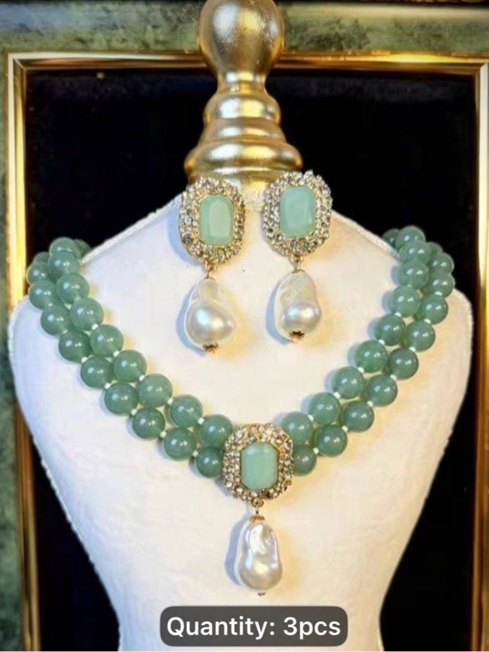 Elegant Green Beaded Necklace and Pearl Drop Earring Set